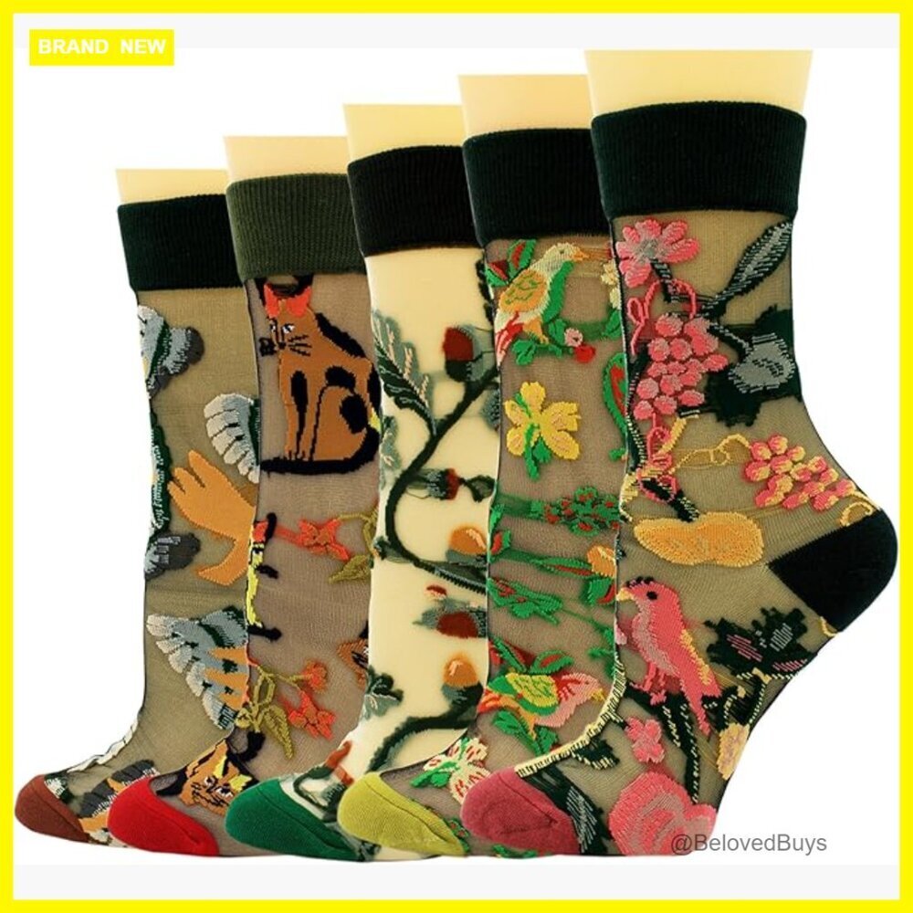 Sheer Mesh Socks with Floral Pattern, Stretchy Fit, Crew Length